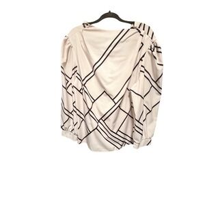 Shein Curve Geometric Grid Mock Neck Puff Sleeve Blouse White Black 2XL